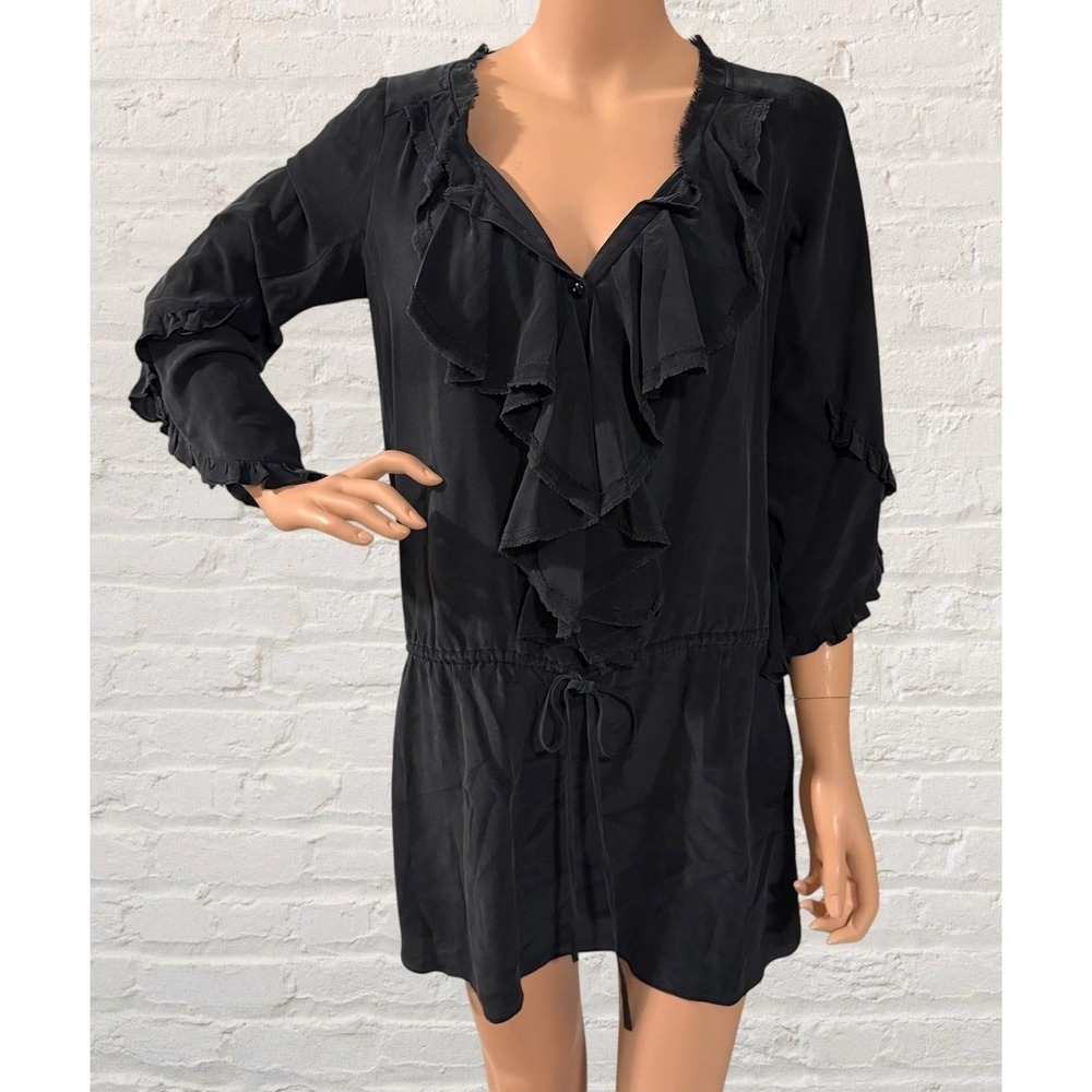 Rebecca Taylor Dress Tunic Womens 6 Rustic Black 100% Silk Ruffle Tie Waist